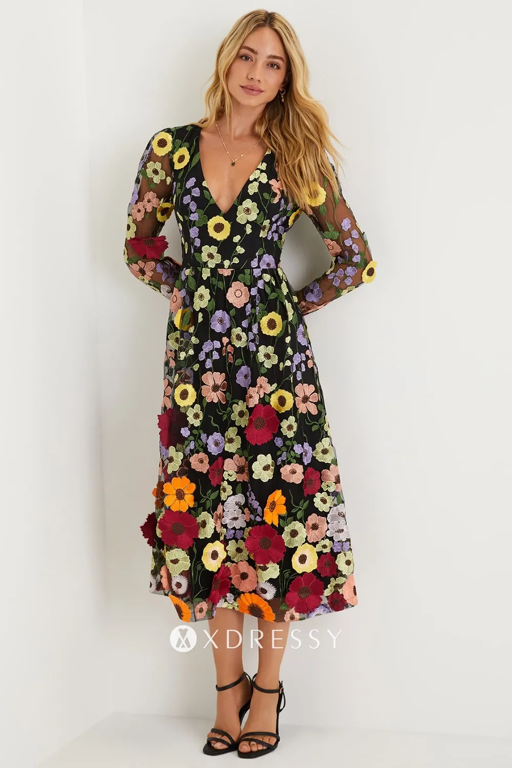 fairy v neck long sleeve black floral midi evening gown