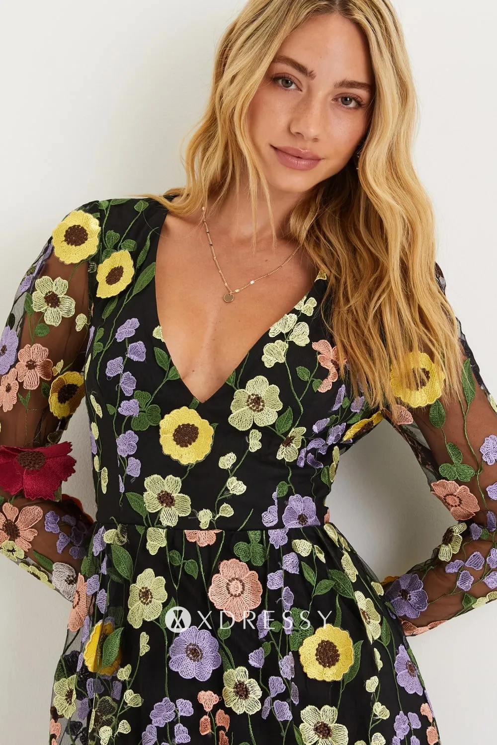 v neck long sleeve black floral lace gown