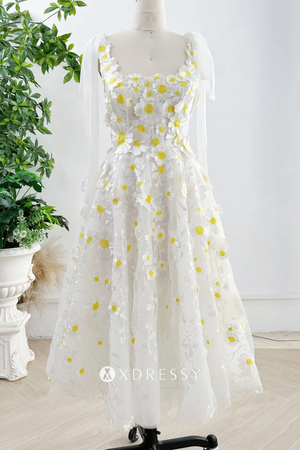 cute tie straps yellow white daisy flower midi birthday dress