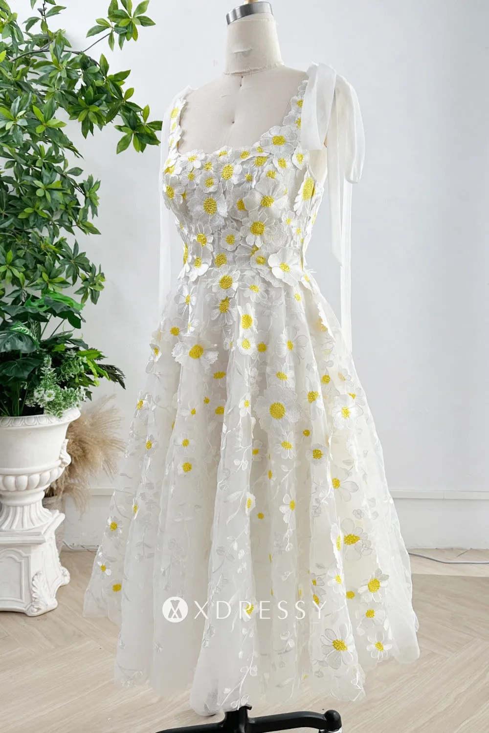 tie straps yellow white daisy flower midi prom dress