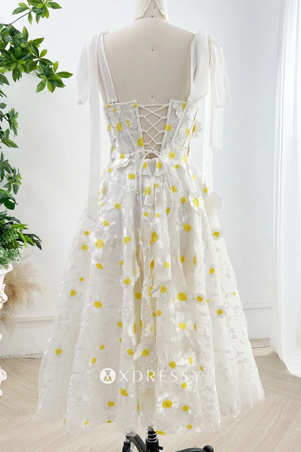 tie straps yellow white floral midi hoemcoming dress