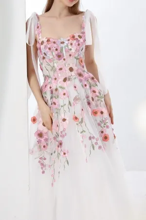 pink floral corset slit reception dress with tie straps