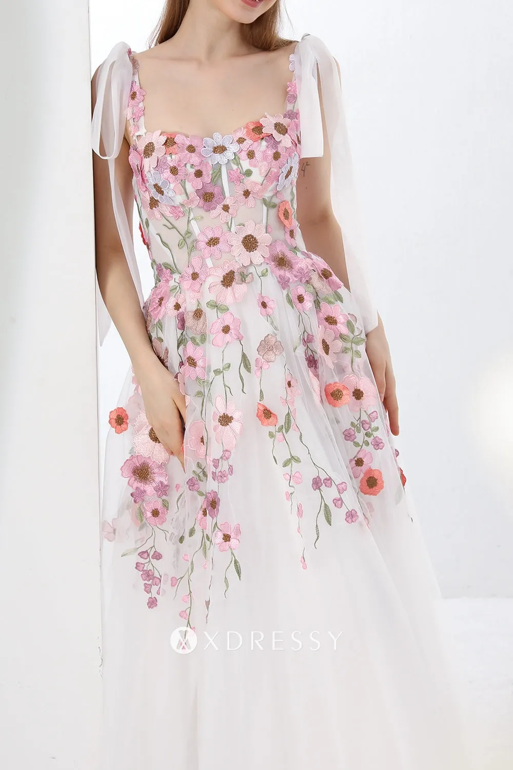 pink floral corset slit reception dress with tie straps pink floral corset slit reception dress with tie straps
