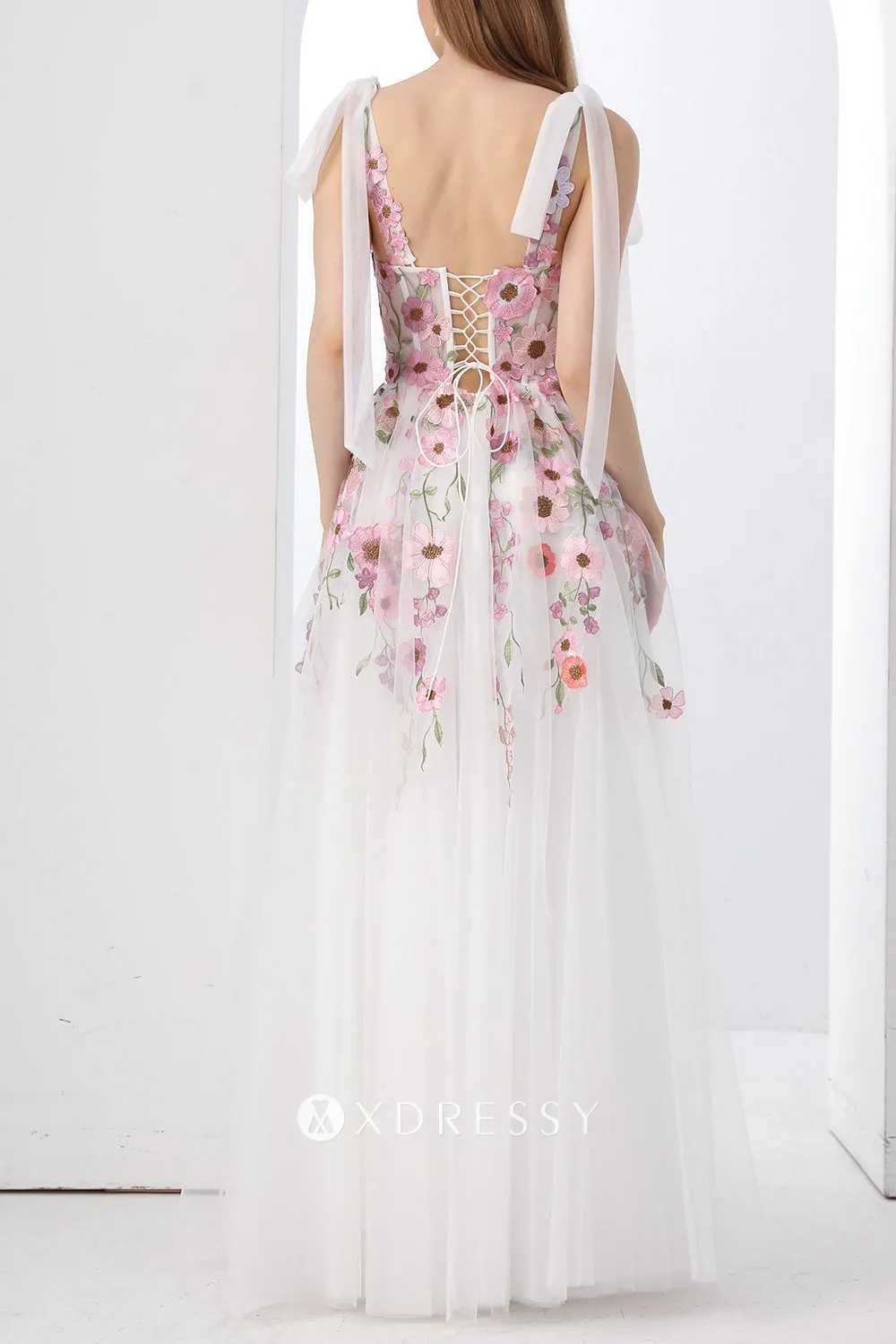 pink floral corset slit reception ivory dress with tie straps pink floral corset slit reception ivory dress with tie straps