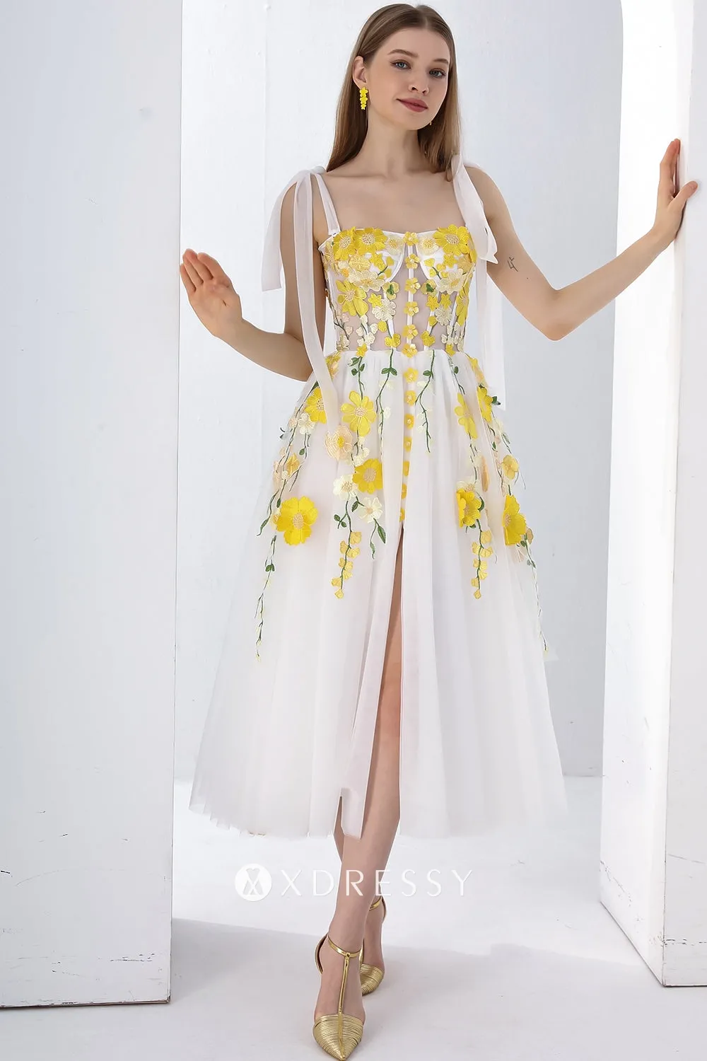 cute tie straps corset yellow flower ivory tulle party dress
