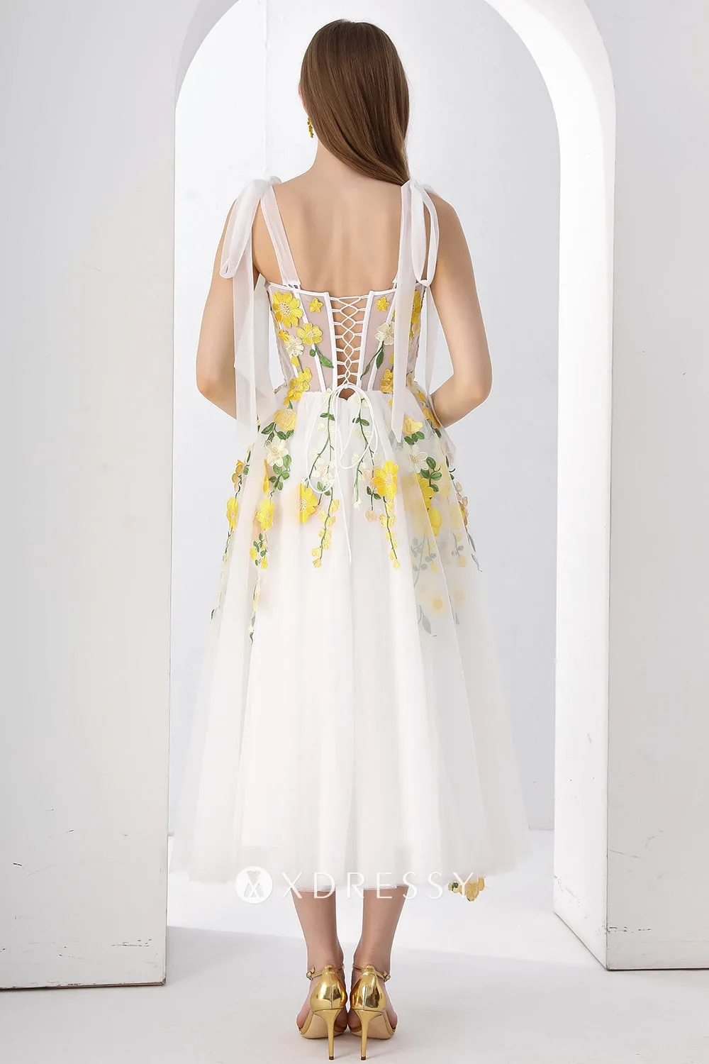 tie straps corset yellow flower ivory graduation dress