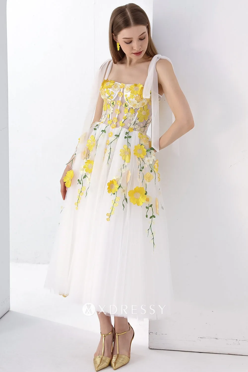 tie straps corset yellow flower ivory homecoming dress