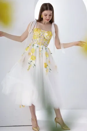 tie straps corset yellow flower midi cocktail dress