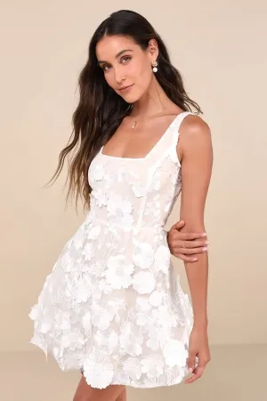 white 3d flower lace square neck mini reception dress