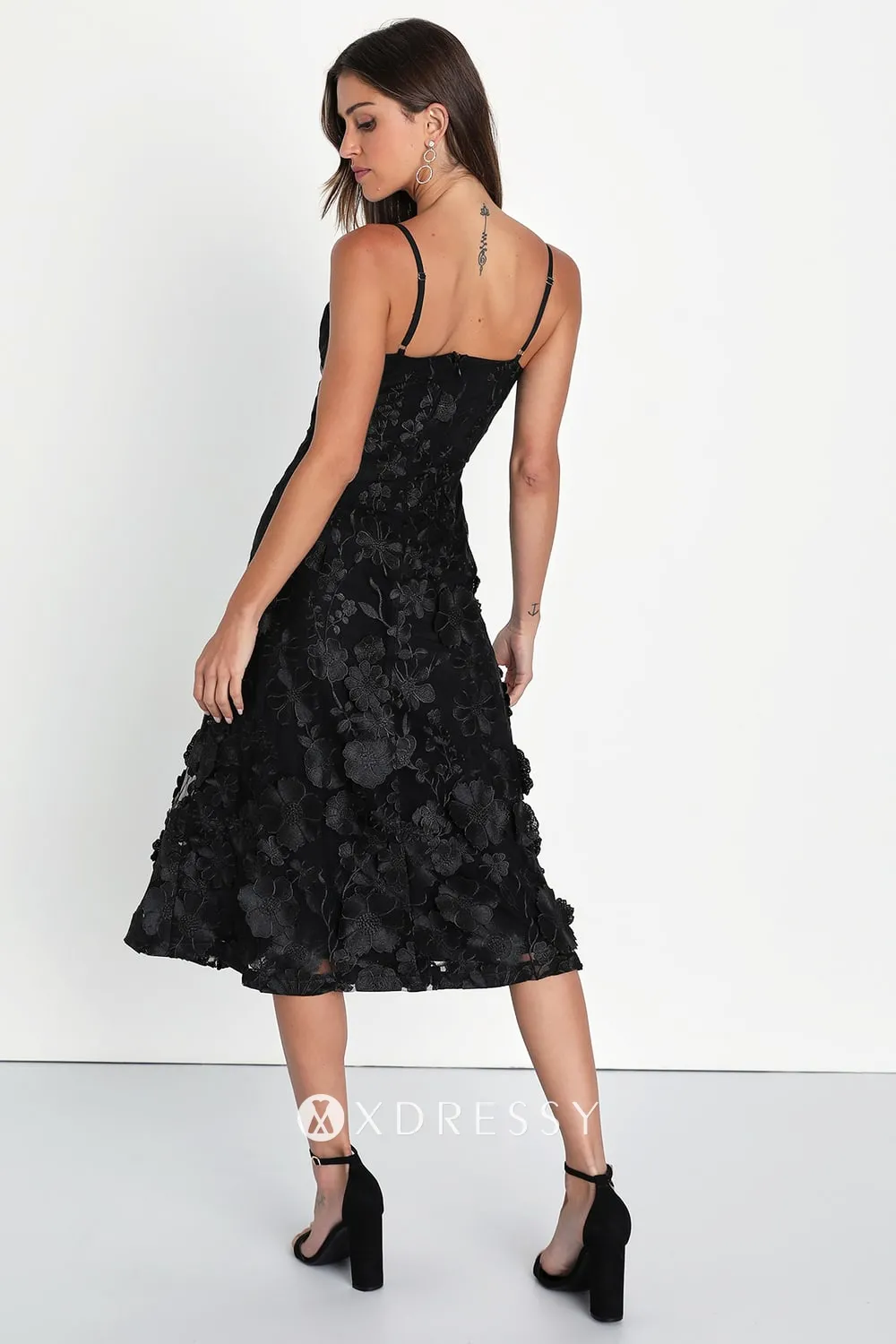 black 3d flower lace tea length cocktail dress