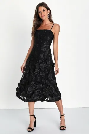black 3d flower spaghetti straps midi evening dress
