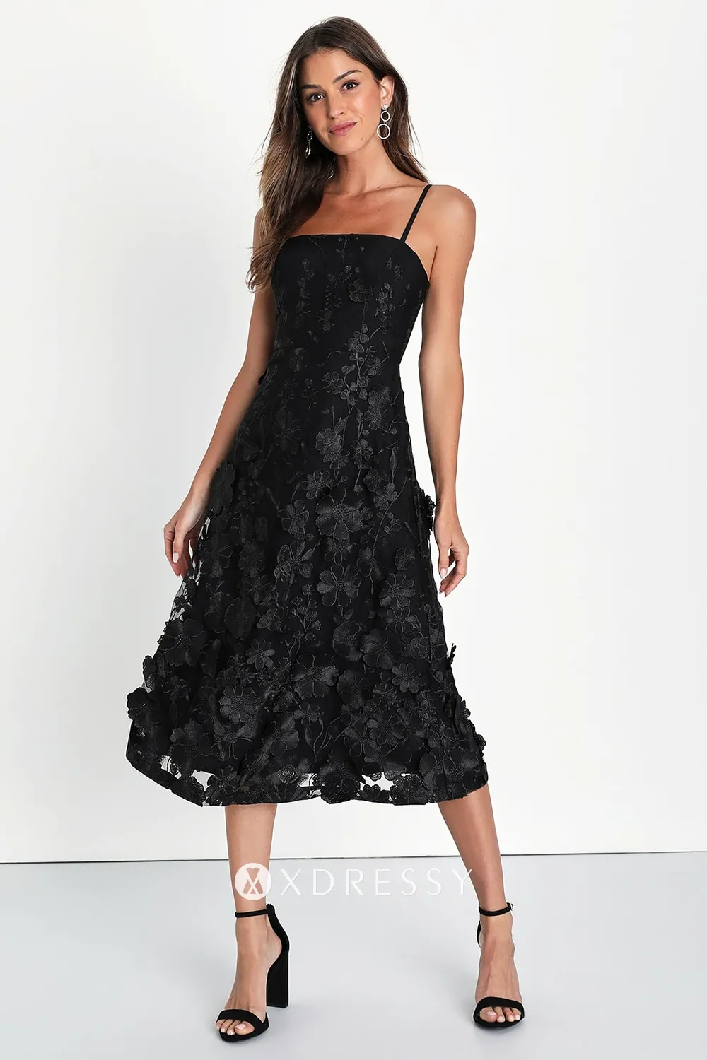 black 3d flower spaghetti straps midi evening dress