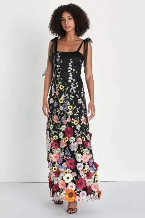 3d floral embroidered tie strap black maxi prom dress