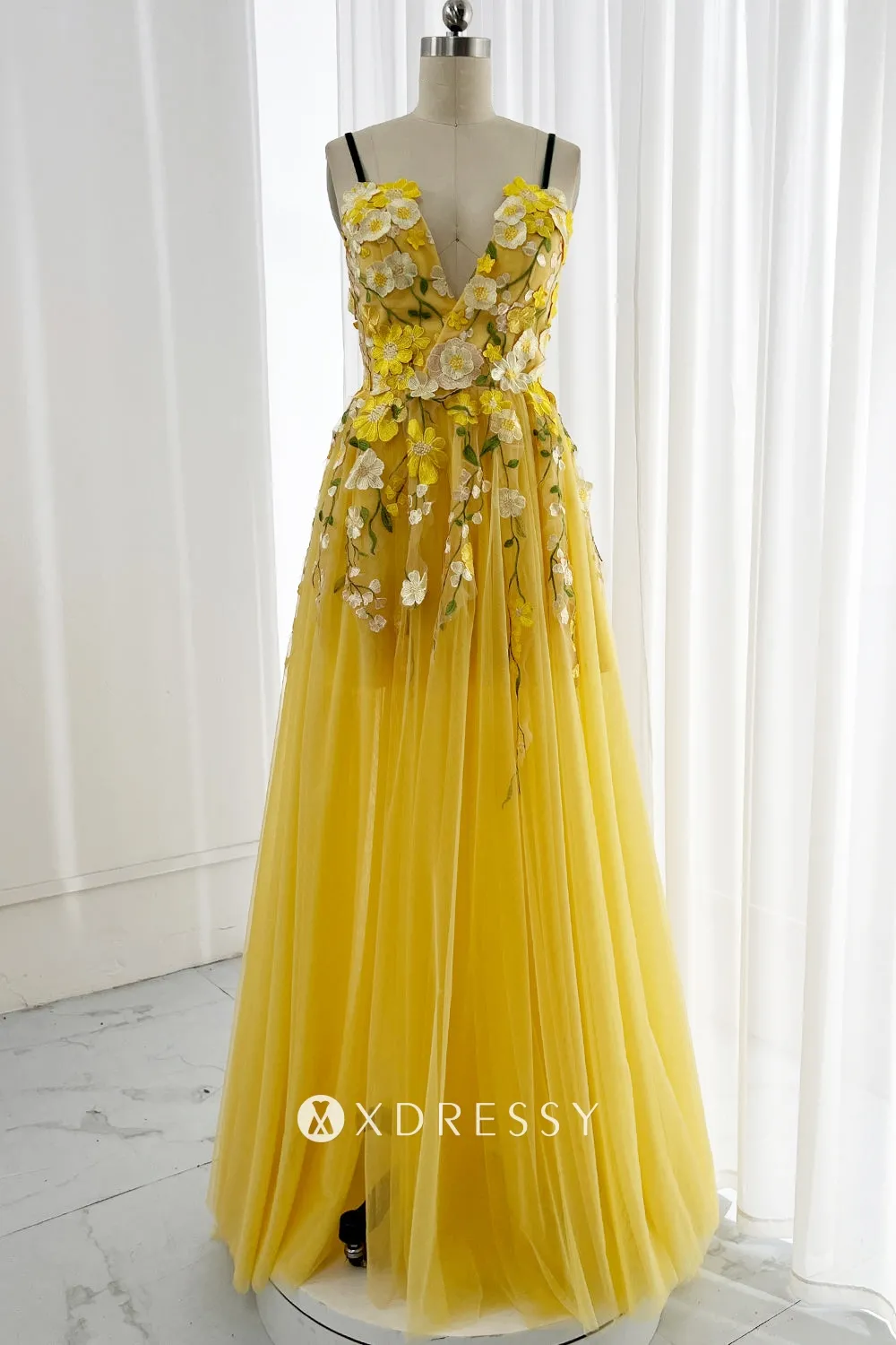 3d flower v neck straps yellow tulle long prom dress