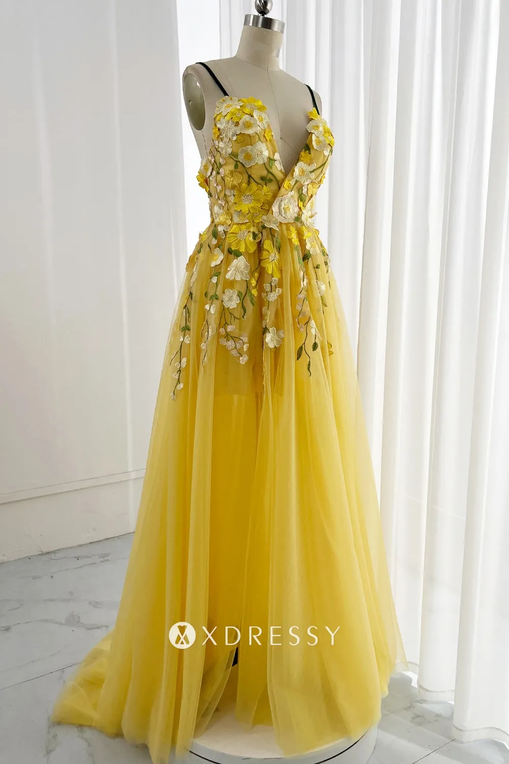 3d flower v neck straps yellow tulle photoshoot dress