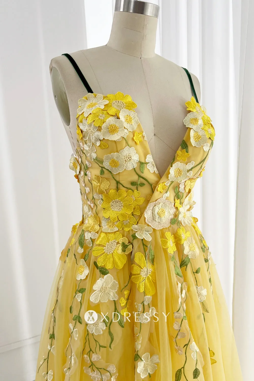 fairy 3d flower v neck straps yellow tulle engagement dress