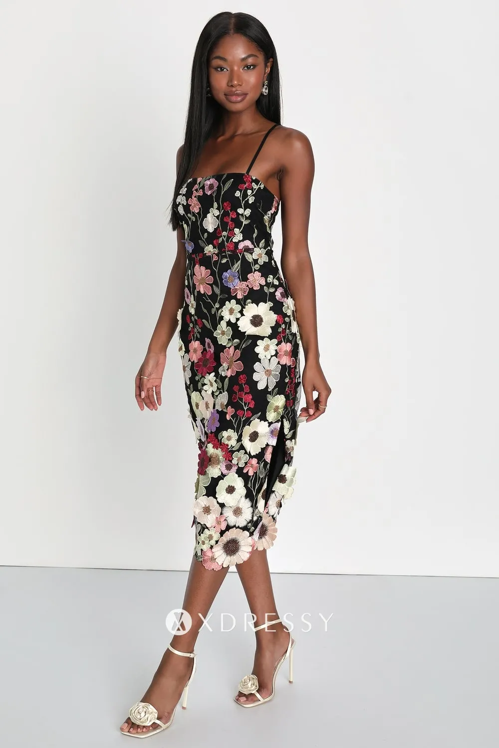 3d flower lace sheath slit black tea length party dress