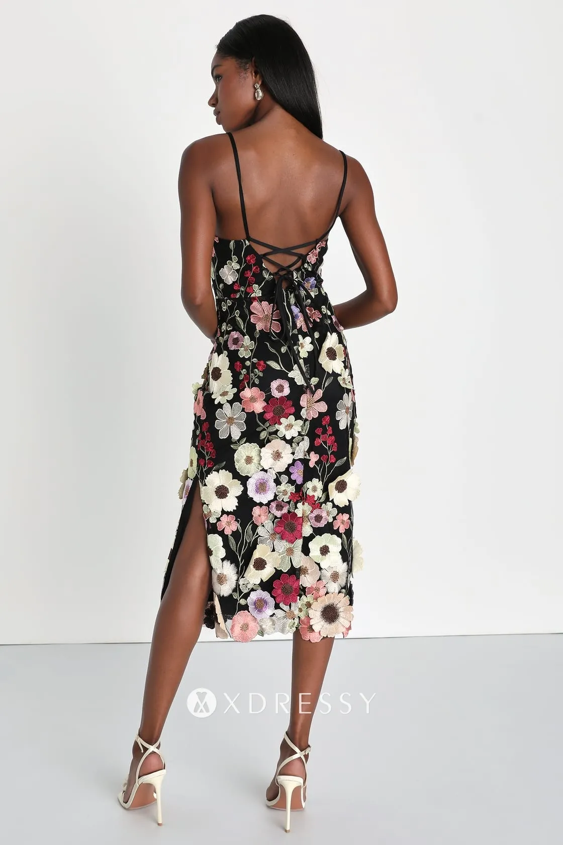 3d flower strap back black midi wedding guest dress