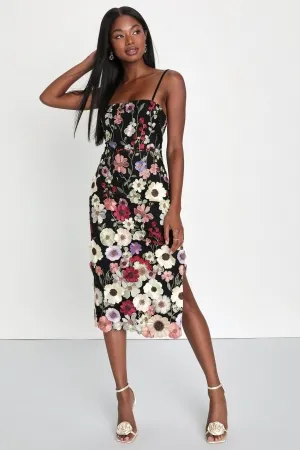 colorful flowers sheath slit black midi cocktail dress