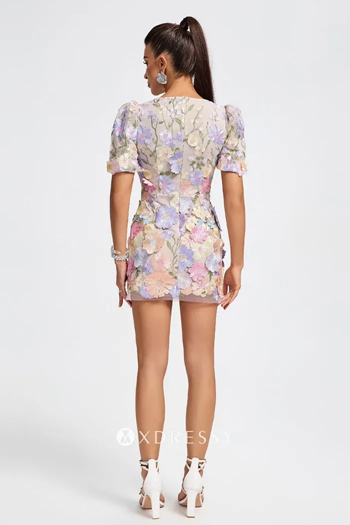 lavender pink flower lace short sleeve mini party dress