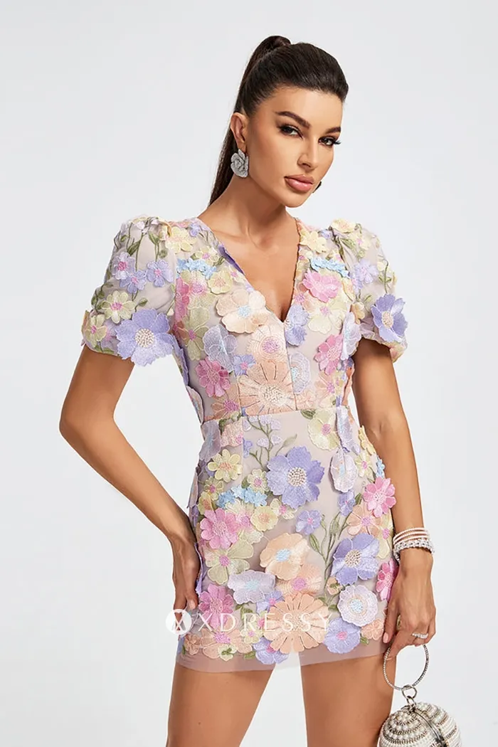 lavender pink flower lace v neck bodycon mini party dress