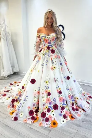 colorful 3d flowers off shoulder princess wedding dress