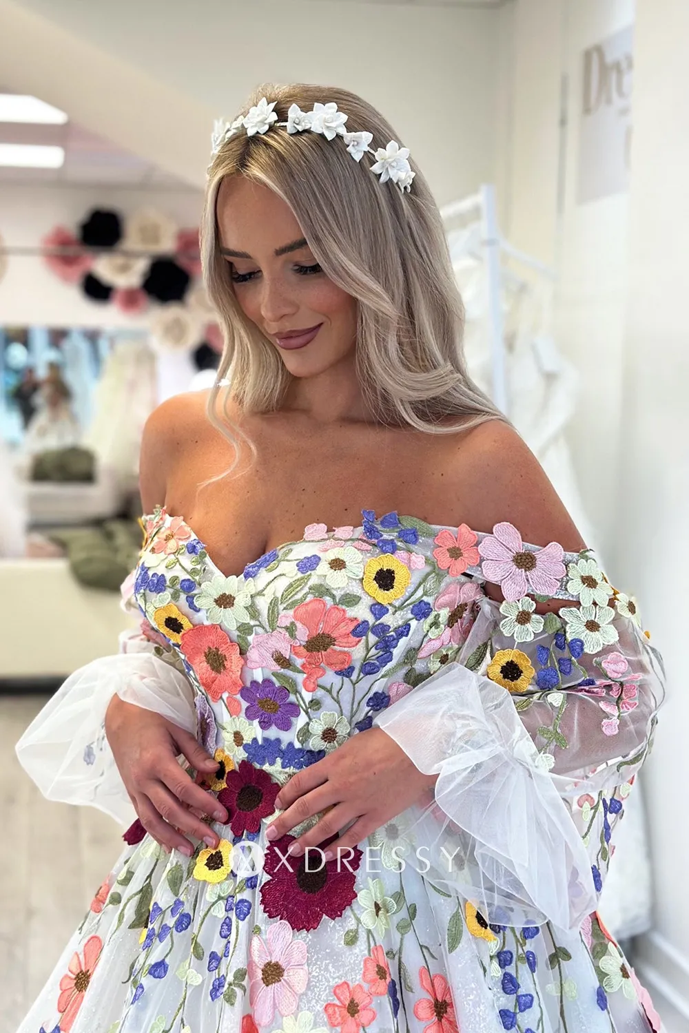 fairy colorful 3d flowers off shoulder ball gown wedding dress