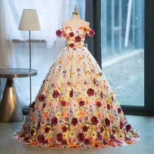 fairy multi color flower off shoulder wedding ball gown