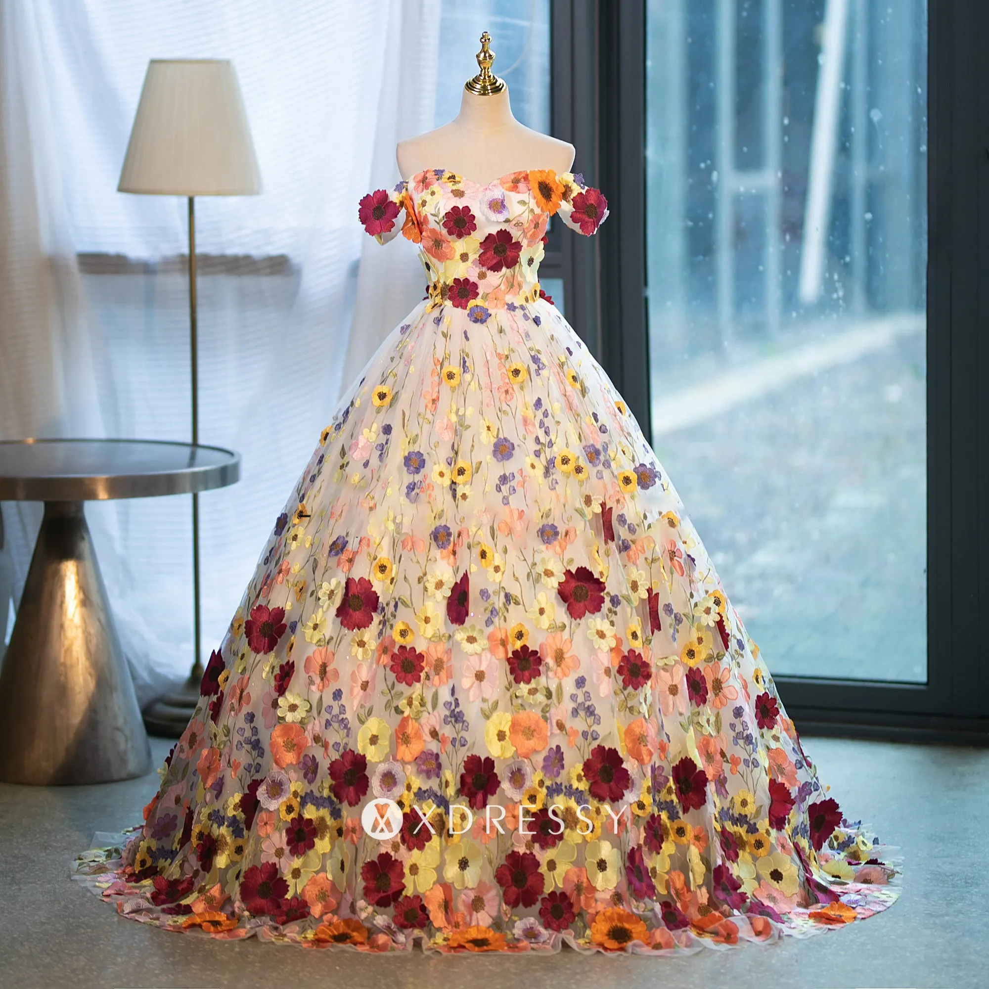 fairy multi color flower off shoulder wedding ball gown fairy multi color flower off shoulder wedding ball gown