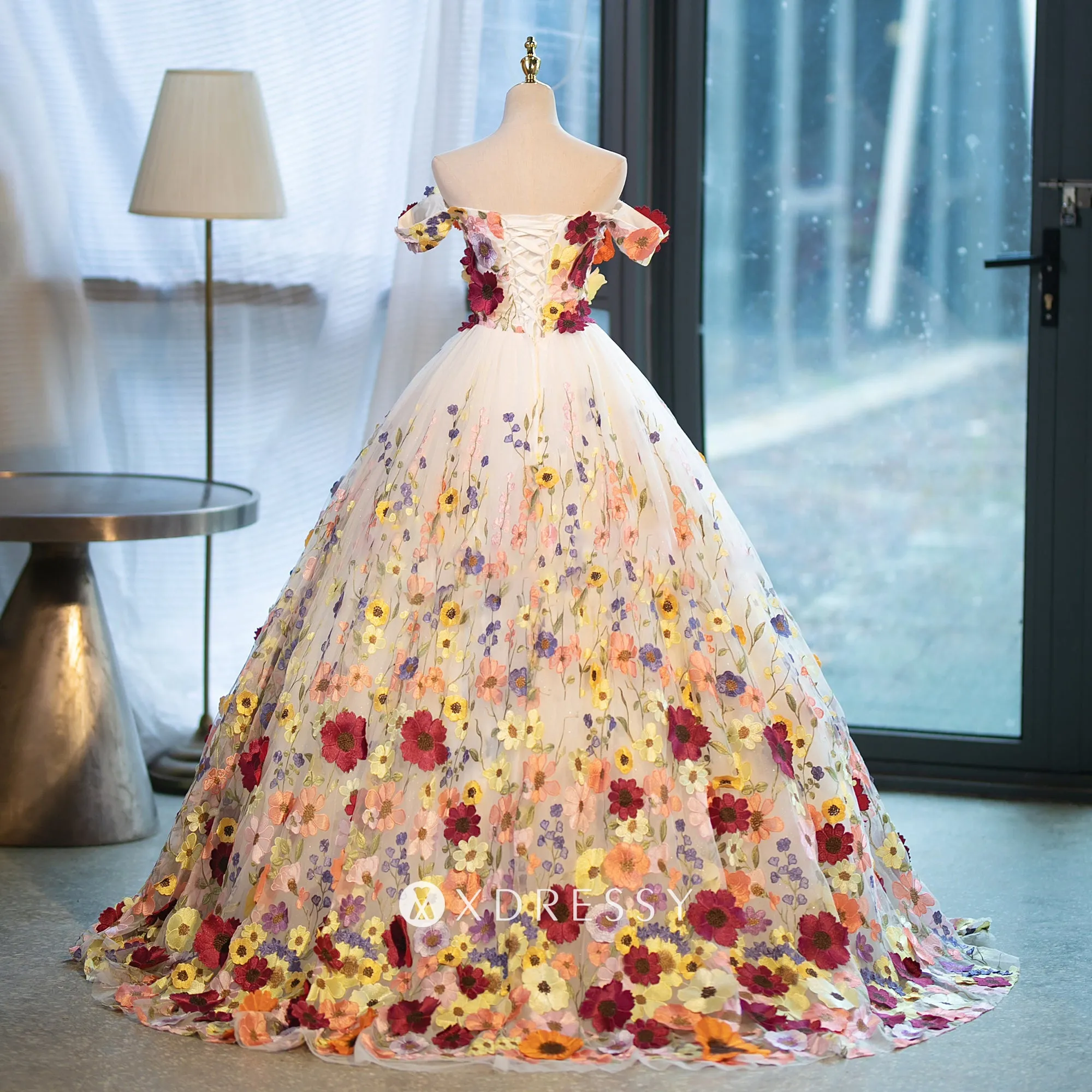 multi color flower off shoulder lace up back wedding ball gown multi color flower off shoulder lace up back wedding ball gown