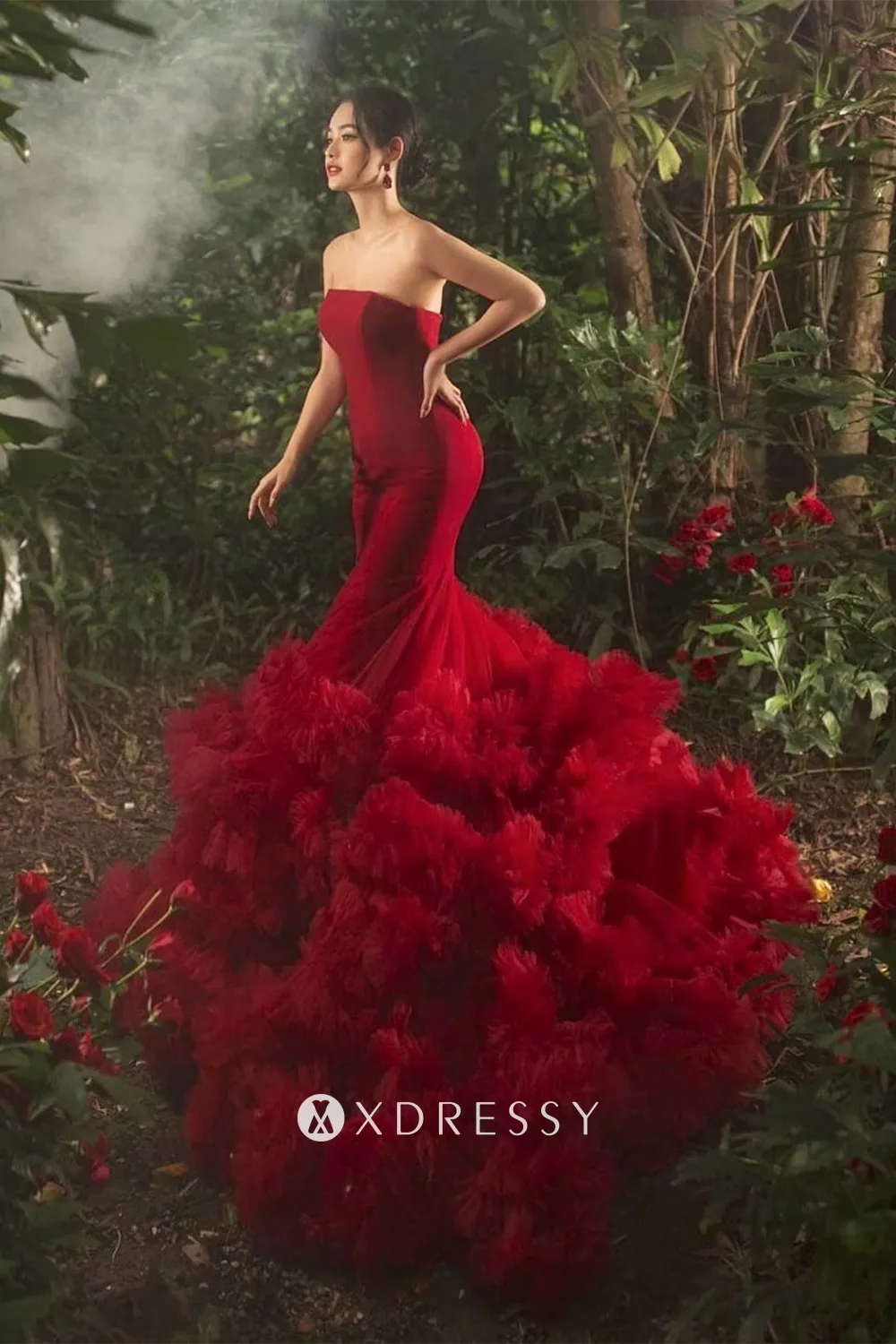 Whimsical red strapless tiered ruffled long train photoshoot dress Whimsical red strapless tiered ruffled long train photoshoot dress