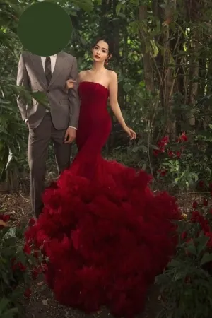 red strapless mermaid tiered ruffled long train prom dress