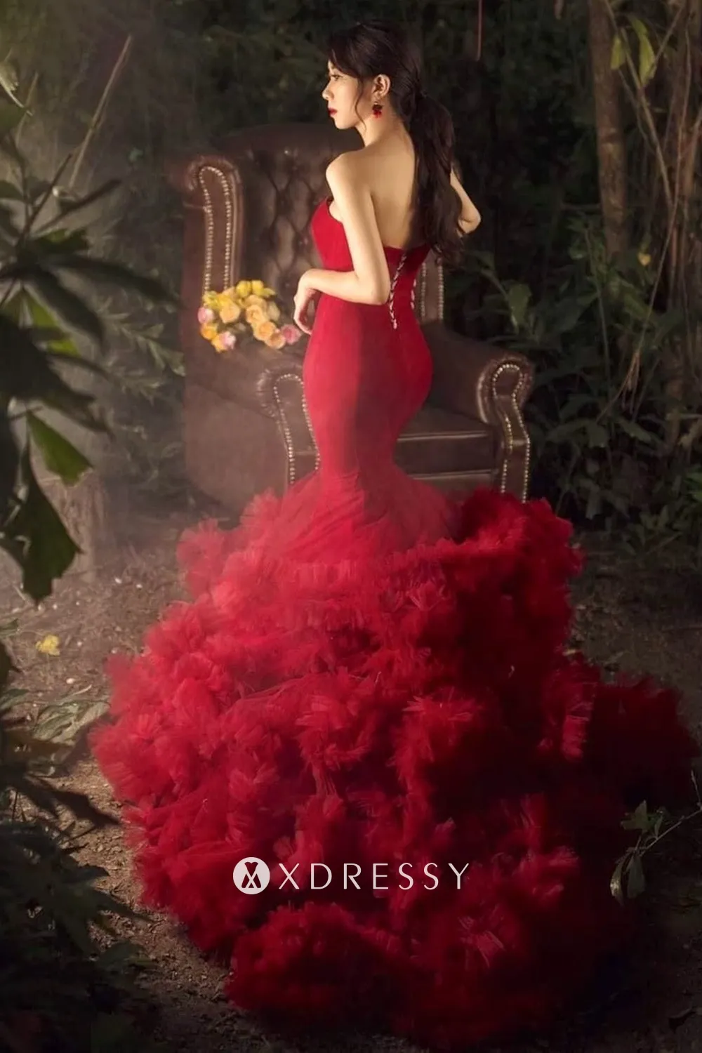 red strapless tiered ruffled long train engagement dress red strapless tiered ruffled long train engagement dress