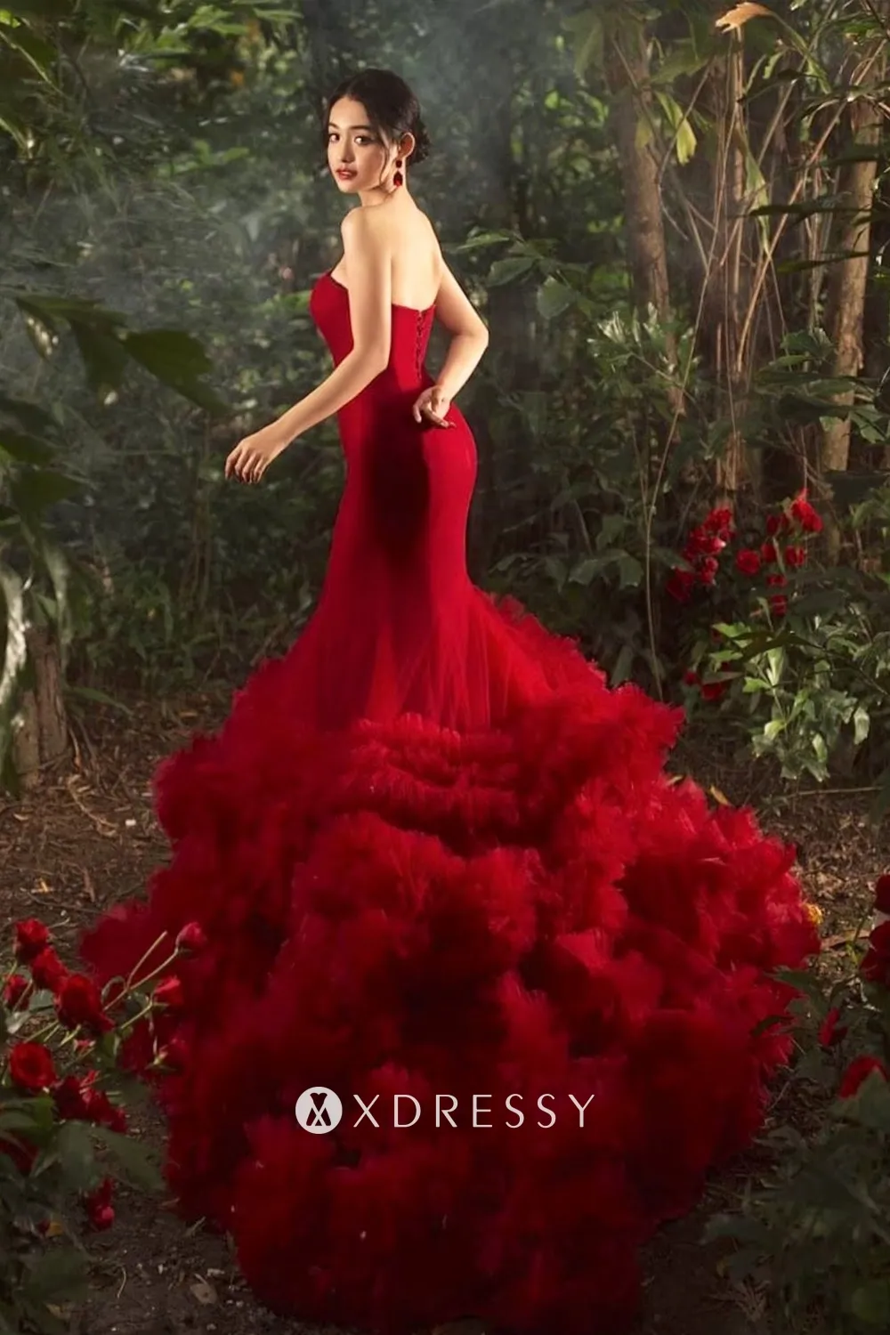 red tiered ruffled mermaid long train prom dress red tiered ruffled mermaid long train prom dress