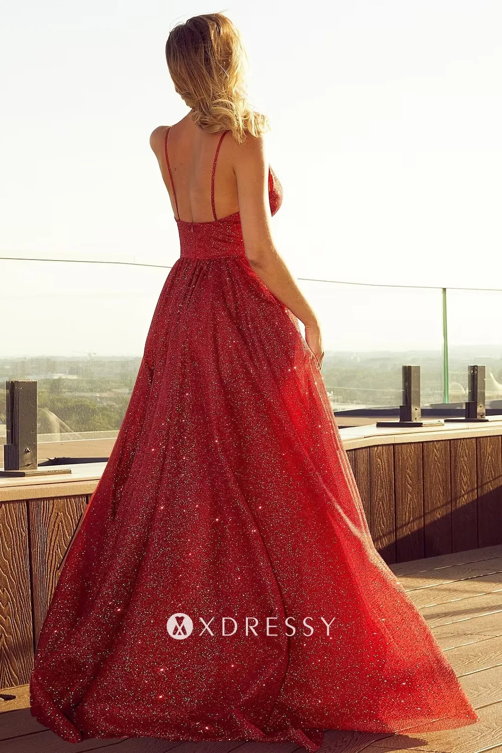 glitter red lurex straps low back prom gown