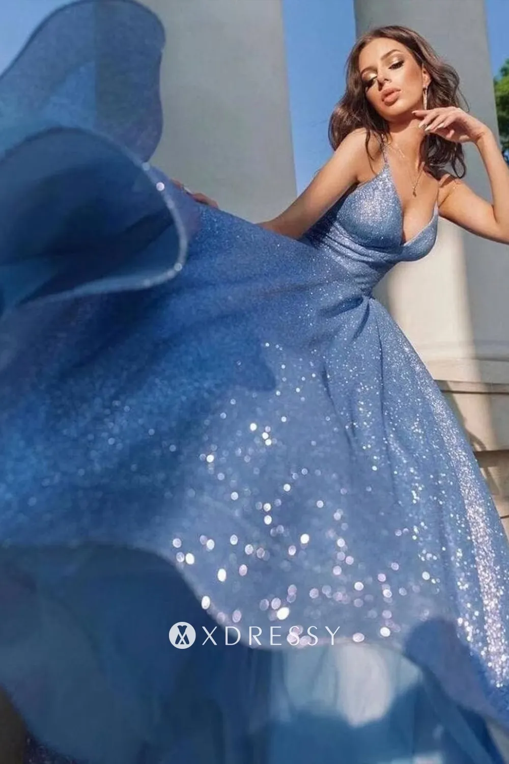 sparkly blue lurex v neck thin straps prom ball gown