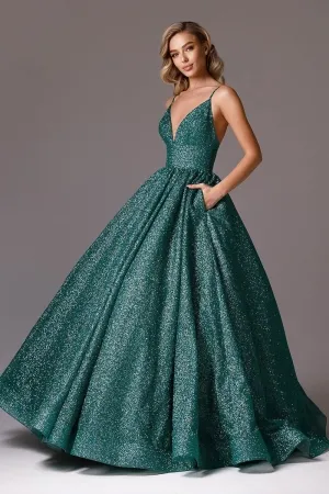 sparkly dark green lurex v neck straps prom ball gown