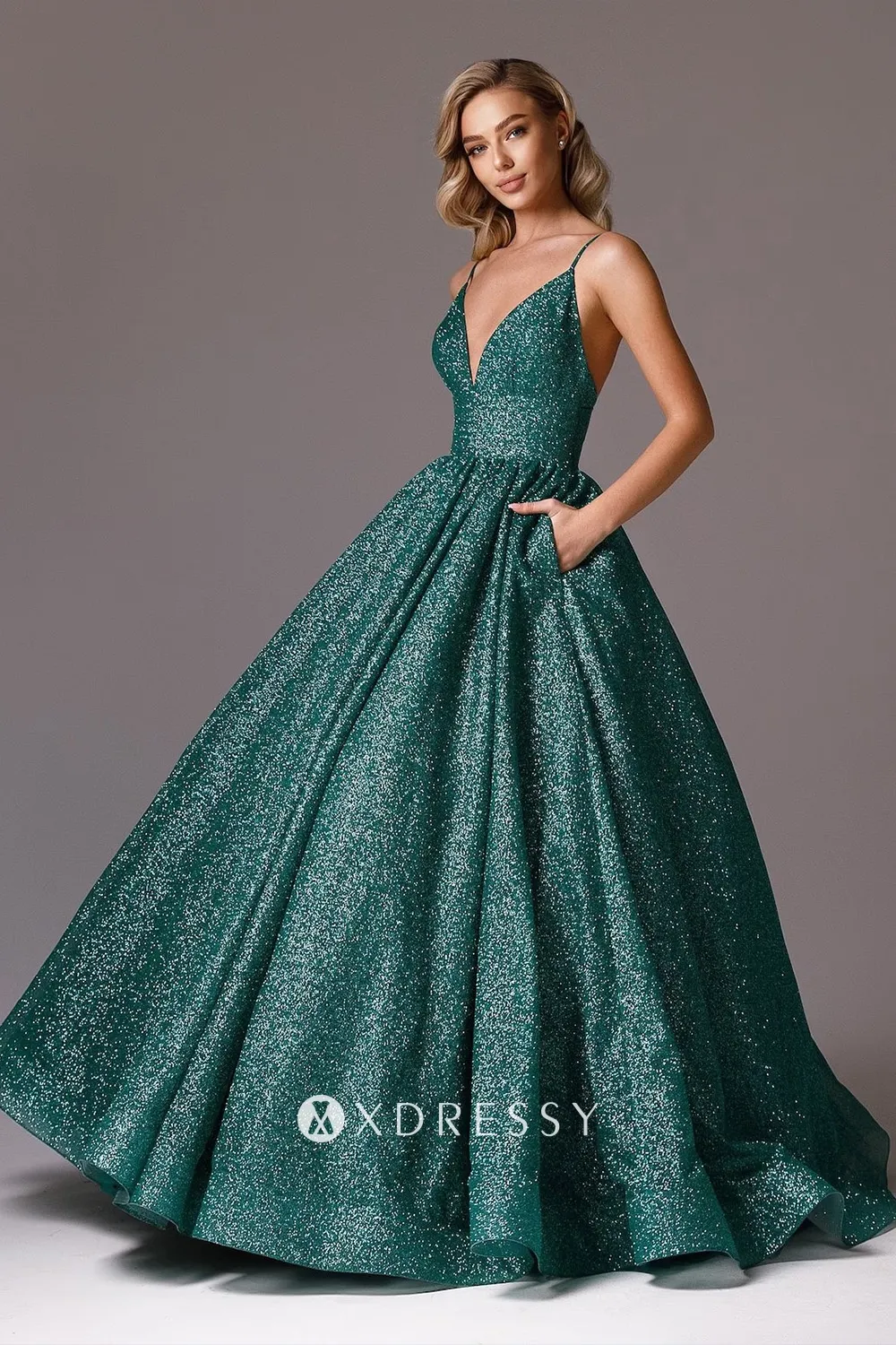 sparkly dark green lurex v neck straps prom ball gown