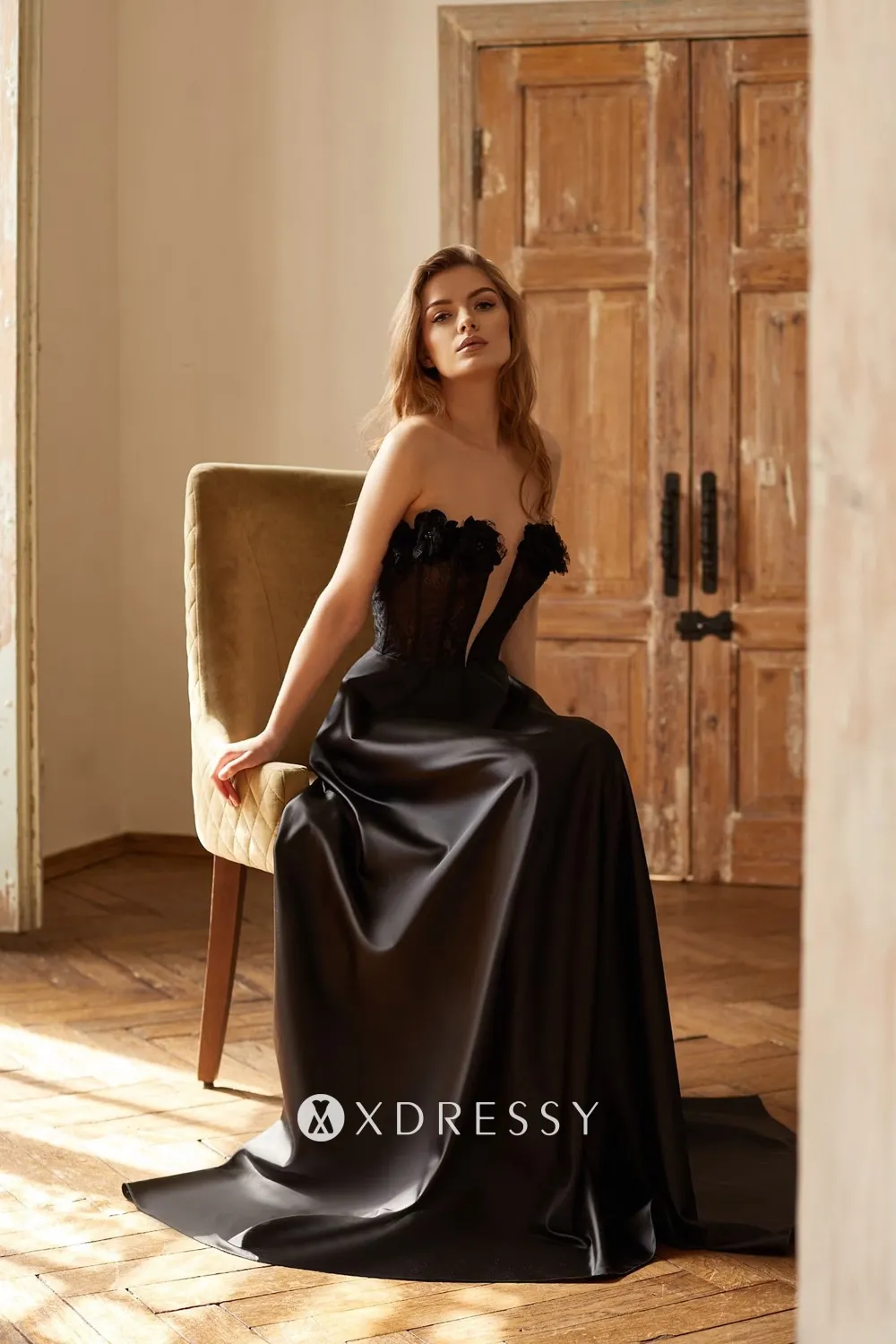 elegant black lace satin 3d flowers strapless formal dress