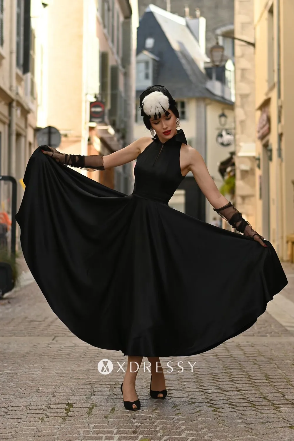 black satin halter tea length puffy retro cocktail dress black satin halter tea length puffy retro cocktail dress