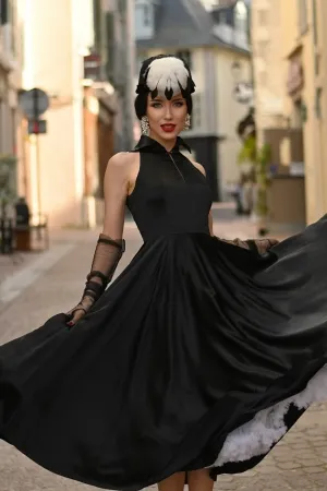 black satin halter tea length puffy retro party dress