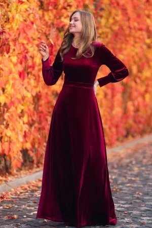 wine velvet long sleeve a line maxi bridesmaid dress
