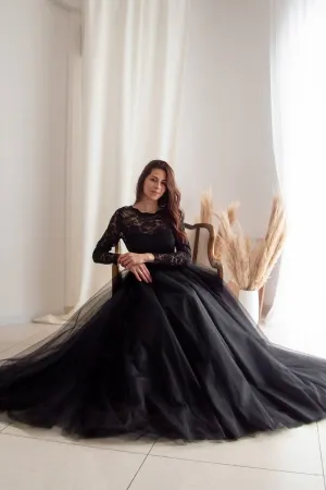 black lace long sleeve puffy tulle anniversary dress