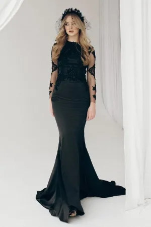 black beaded lace and satin mermaid reception dress