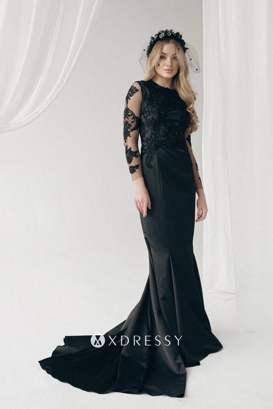 black beaded lace long sleeve prom dress