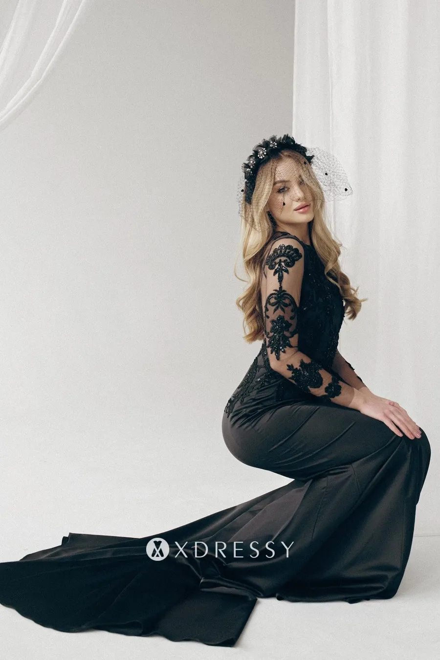 black lace and satin long sleeve formal dress