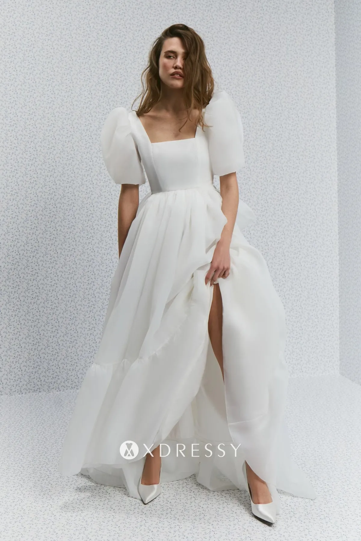 cute puff sleeve bow back organza puffy reception dress