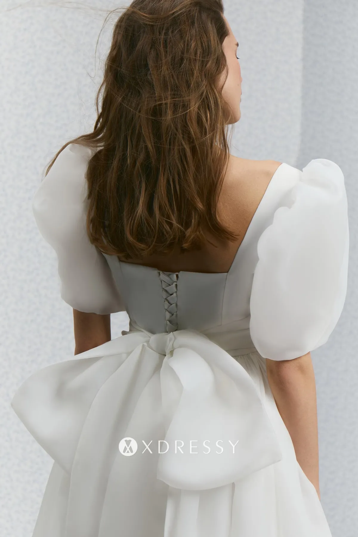 cute puff sleeve bow back reception dress