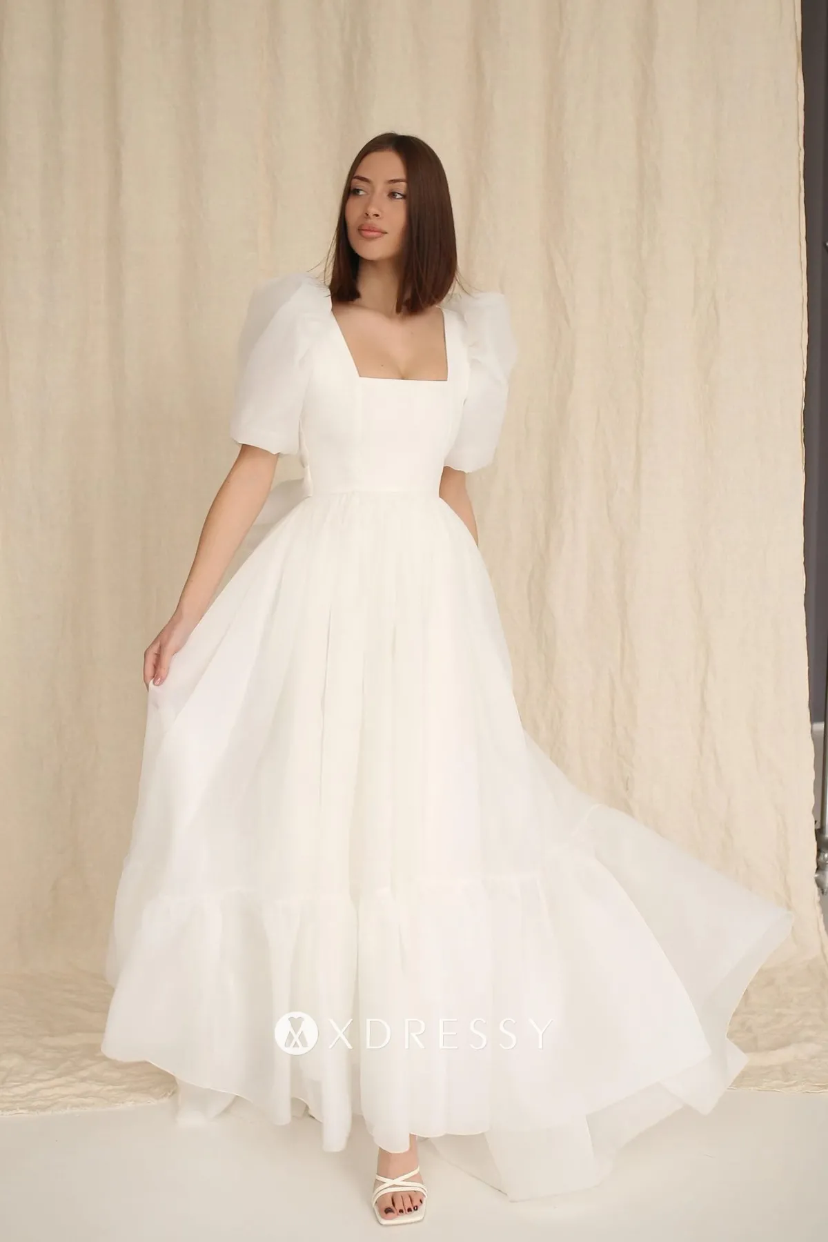 puff sleeve organza long bridal shower dress