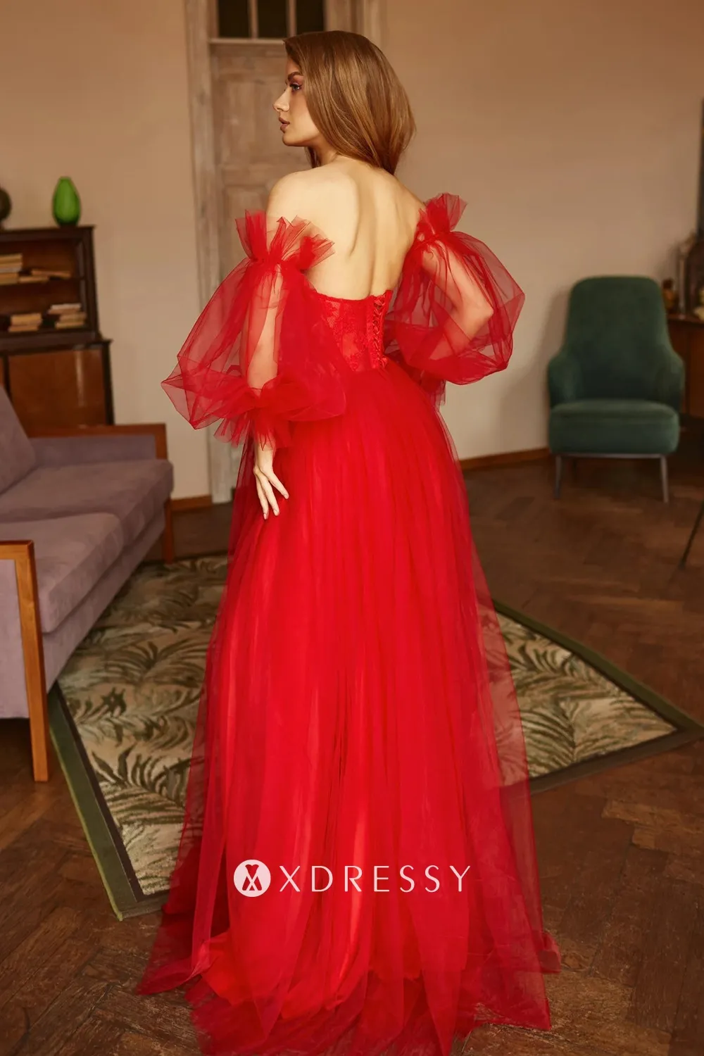 removable puff sleeves low back bridal shower dress